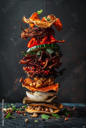 A creative and gravity-defying stack of various dried ingredients and spices.