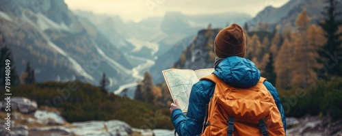 A back view of the hiker with backpack looking for the maps in the mountains. Finding the path to climb, view from behind.