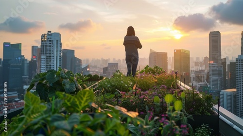 Eco-Friendly Urban Garden: Singapore skyline viewed from a rooftop garden with advanced agri-tech systems, showing a young professional checking environmental sensors at sunset. photo