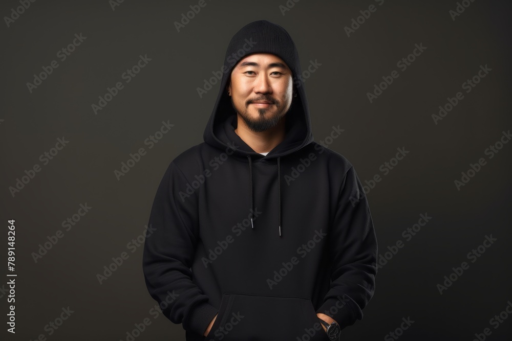 Portrait of a glad asian man in his 30s sporting a comfortable hoodie isolated on plain cyclorama studio wall Portrait of a glad asian man in his 30s sporting a comfortable hoodie isolated on plain cyclorama studio wall