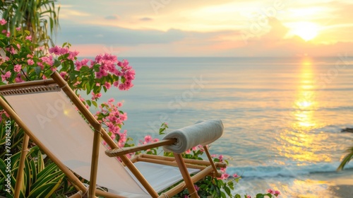 Elegant bamboo beach chair with white fabric, surrounded by pink flowering plants, serene ocean view in the background, golden sunset lighting, high-definition photography texture.