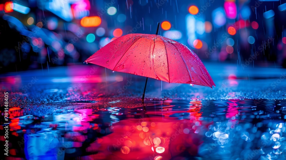 A red umbrella rests in a watery puddle under the rainy sky