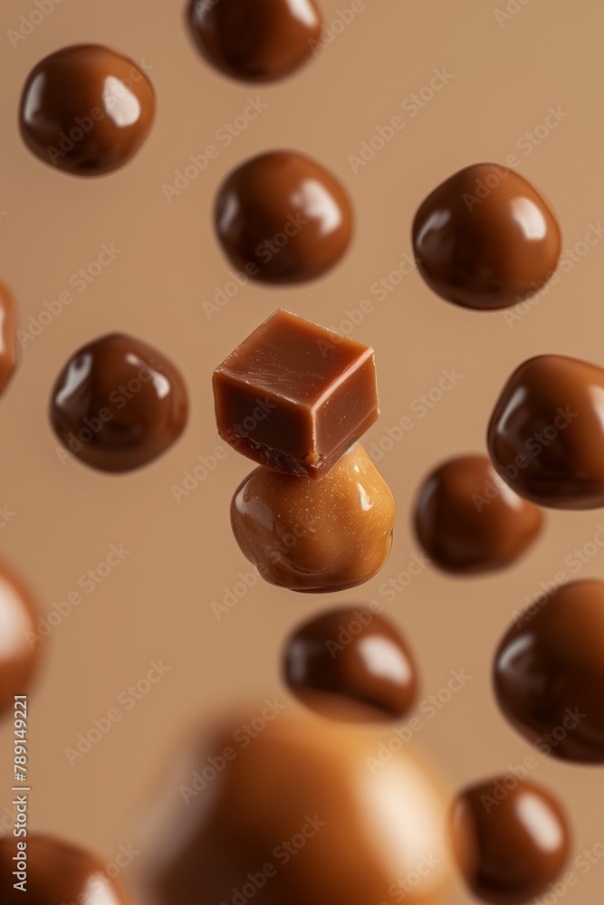 Levitating assorted chocolate candies and caramel piece on a brown background. Levitating assorted chocolate candies and caramel piece on a brown background.
