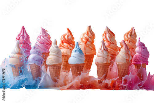 Ice cream in a waffle cone with a splash of milk isolated on a transparent background
