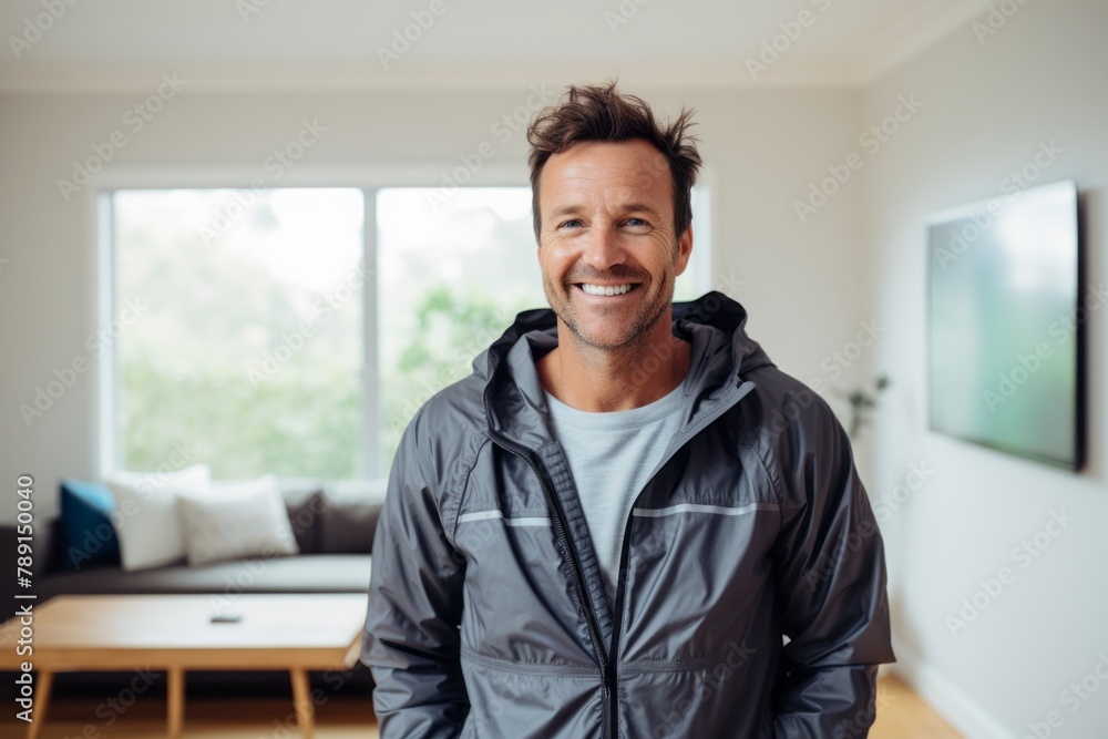 Portrait of a smiling man in his 40s wearing a functional windbreaker on crisp minimalistic living room Portrait of a smiling man in his 40s wearing a functional windbreaker on crisp minimalistic living room
