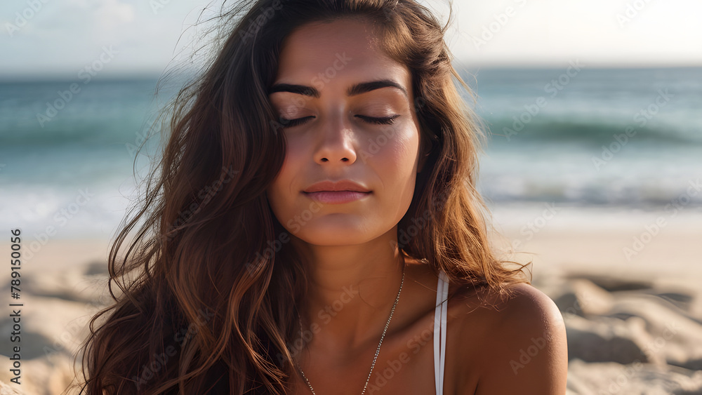 Pretty Woman Meditating on Peaceful Beach. Close-up on Serene Face and Natural Surroundings. Space for Text.