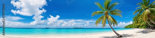 Paradise beach with palm trees in tropical sea. Beautiful palm tree on a tropical island. Ocean and blue sky. Amazing summer holiday.
