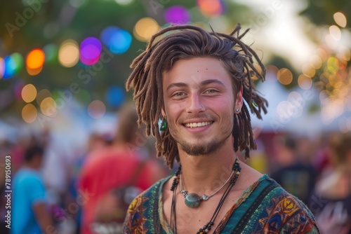 An attractive young man with dreadlocks is smiling at the camera, wearing a rasta colored t-shirt and necklace. In the background of the music festival are lights and a crowd on a summer evening