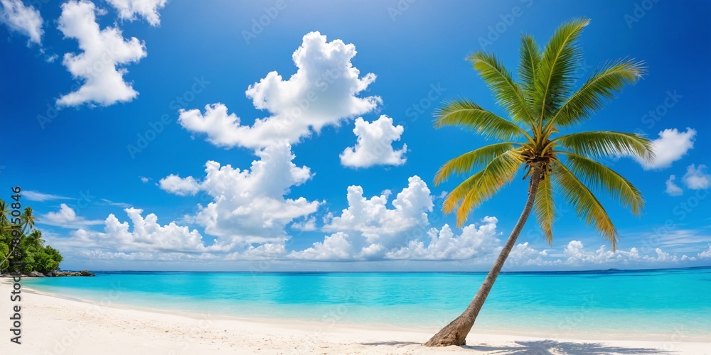 Palm and tropical beach. A calm beach with palm trees swaying in the breeze. Serene coastal image.
