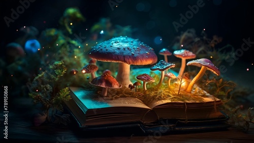 Magic book with mushrooms. Open book with magical mushrooms. Generative AI. The Magic Book