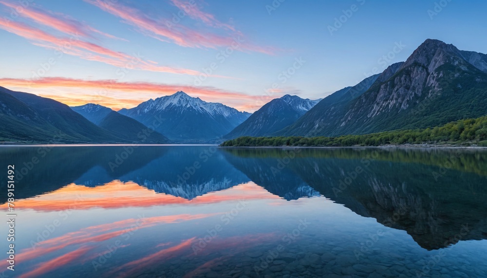 Majestic peaks reflected in a calm lake at sunset. Dawn in the mountains. Panoramic view of the beautiful mountain landscape.