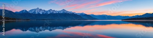 Majestic peaks reflected in a calm lake at sunset. Dawn in the mountains. Panoramic view of the beautiful mountain landscape. © 360VP