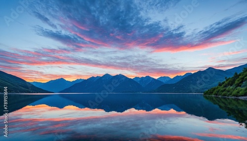 Majestic peaks reflected in a calm lake at sunset. Dawn in the mountains. Panoramic view of the beautiful mountain landscape.