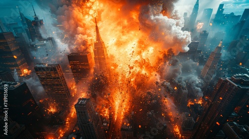 Enter the world of cinematic drama with this breathtaking aerial view of city on fire with large explosion, skyscrapers in background.