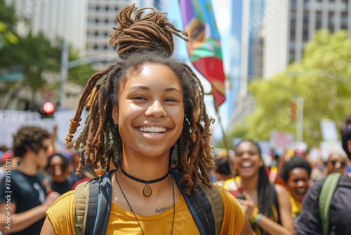 Su sonrisa radiante y ojos brillantes capturan la esencia del optimismo juvenil en medio de un mar de espíritus afines. photo