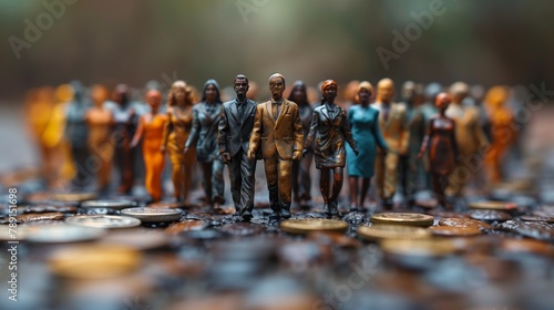 Figuras en miniatura se alzan imponentes en medio de un mar de monedas, simbolizando la marcha colectiva de la humanidad hacia el crecimiento económico y la diversidad. photo