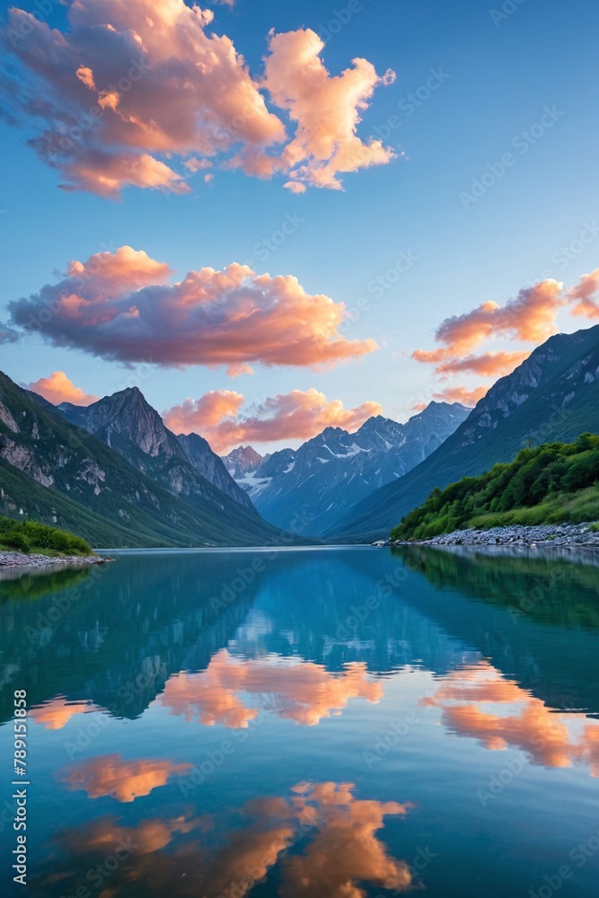 Majestic peaks reflected in a calm lake at sunset. Dawn in the mountains. Panoramic view of the beautiful mountain landscape.