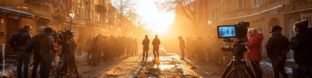 Film set captures crew and actors silhouette, with cameras poised for scene in urban street setting.