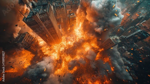 Cinematic destruction with this breathtaking aerial shot capturing a city on fire, scene straight out of a blockbuster movie photo