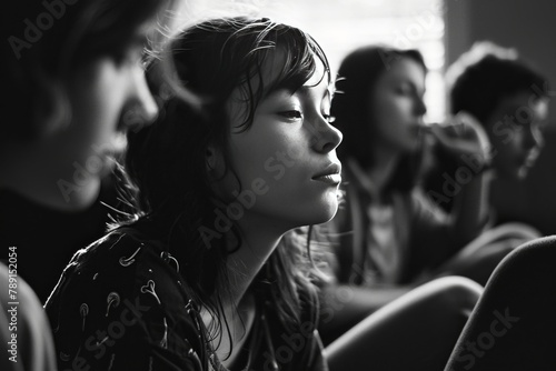 Adolescent participating in group therapy, connected, open, expressive, safe, film camera, standard lens, afternoon, candid photography, black and white film, realistic, gentle indoor light photo