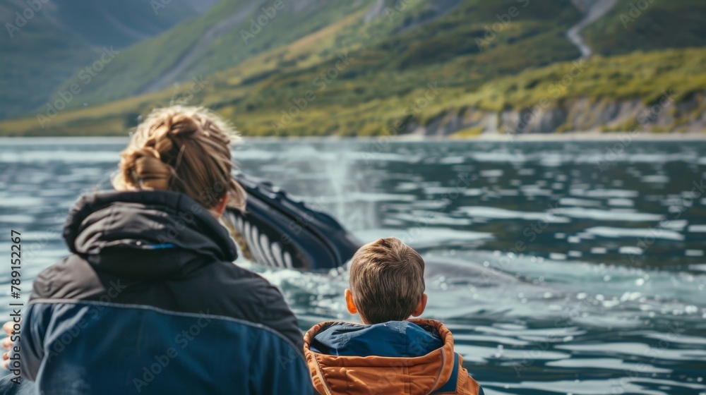 Ethical Wildlife Watching: A family watching whales from a sustainable tour boat, capturing their awe and the majestic nature of the sea creatures. Ethical Wildlife Watching: A family watching whales from a sustainable tour boat, capturing their awe and the majestic nature of the sea creatures.