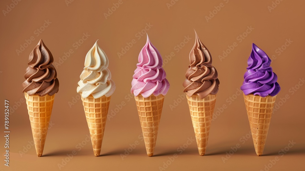 Five colorful soft serve ice creams on a brown background Five colorful soft serve ice creams on a brown background