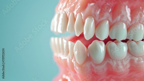 Intense close-up of gritted teeth showing strain and stress, set against a clean, light blue backdrop, ultra-realistic.