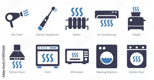 A set of 10 home appliances icons as hair dryer, electric toothbrush, heater