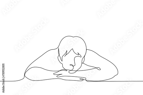 man rested her head on his stacked forearms - one line art vector. concept bored man, student, laziness