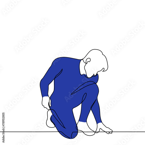 superhero in a blue suit bowing in a low heroic stance - one line art vector. concept man athlete or strongman