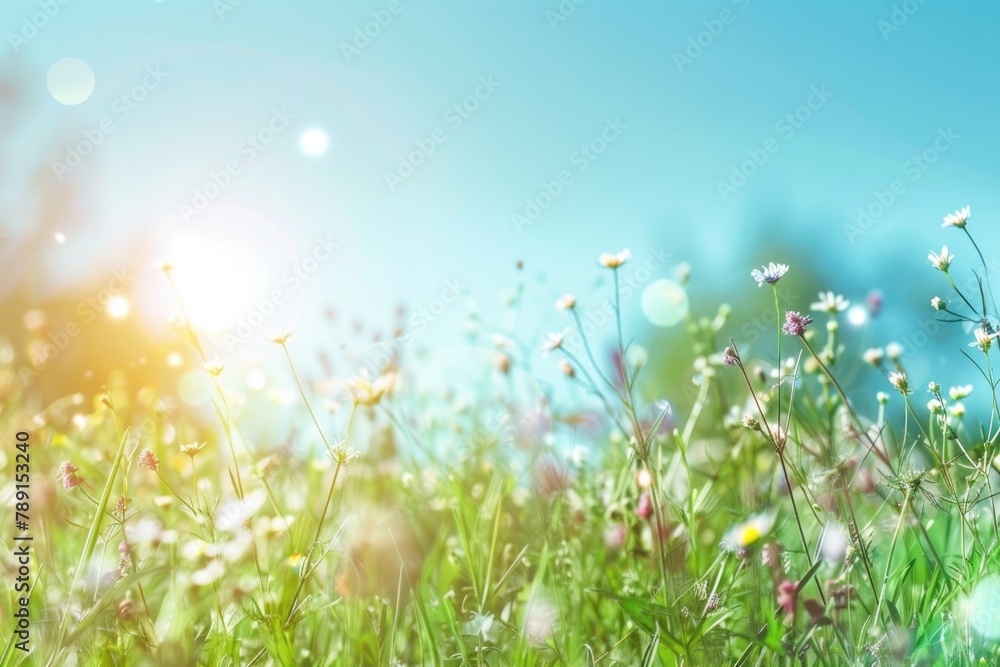 Light Summer Background. Spring Meadow with Blue Sky and Green Gradient Blur