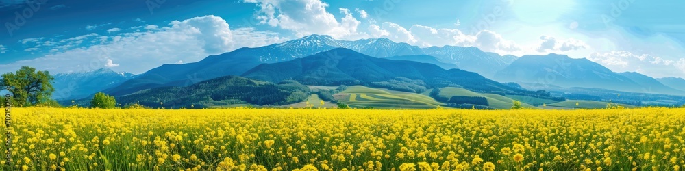 Landscape Yellow. Panoramic Banner of Rapeseed Flower Field in Mountains