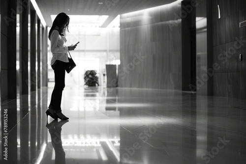 Person On A Phone. Businesswoman Using Smartphone in Office Lobby for Texting