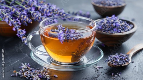 Cup of healthy lavender tea and dry lavender flowers. Bowls of dry medicinal herbs on background