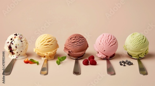Five scoops of various ice cream flavors on spoons with toppings aside. photo