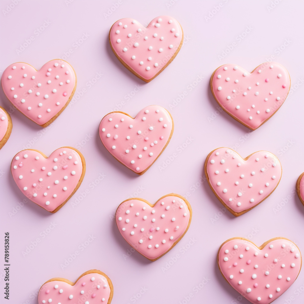Obraz premium heart Biscuits ,Close to overlooking,light pink background сreated with Generative Ai
