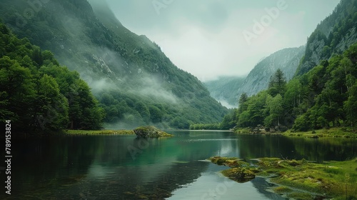 mountain landscape with river. green environment background