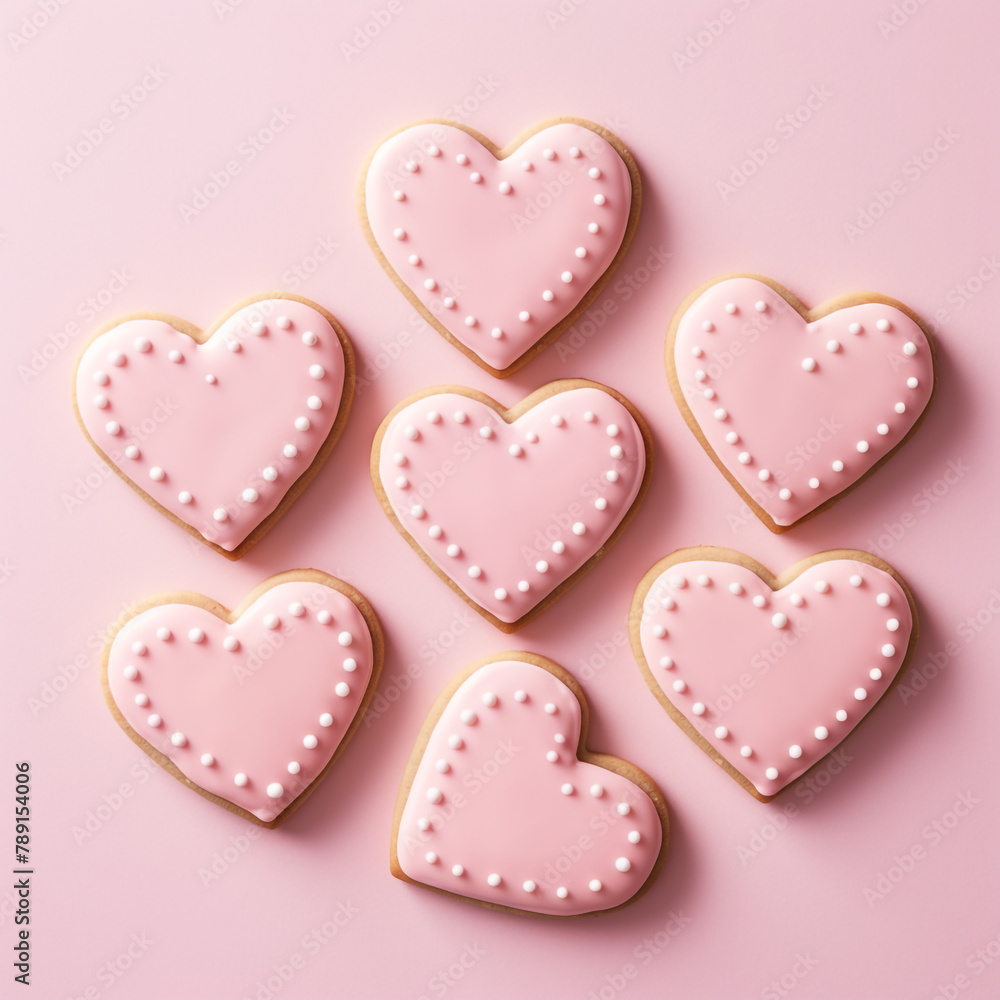 Fototapeta premium heart Biscuits ,Close to overlooking,light pink background сreated with Generative Ai
