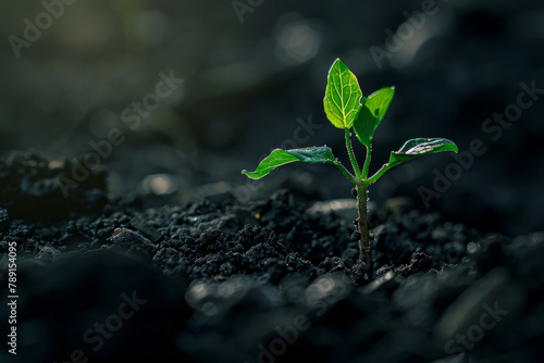 An isolated tiny green sprout on a black soil