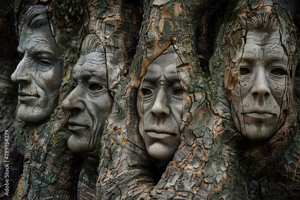 An ancient tree with faces in the bark, each whispering wisdom to passersby about self-acceptance