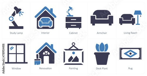 A set of 10 home interior icons as study lamp, interior, cabinet
