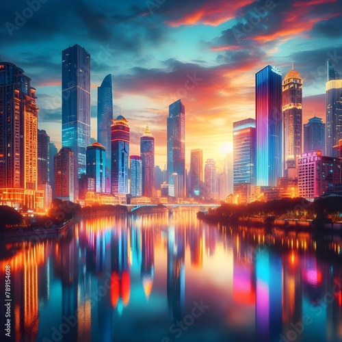 a vibrant cityscape at dusk with neon-lit skyscrapers reflecting in a calm river. © Wahyu