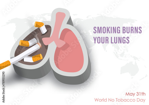Poster Concept in tobacco smoking with 3d ashtray and awareness campaign of World No Tobacco Day with slogan on world map and white background.
