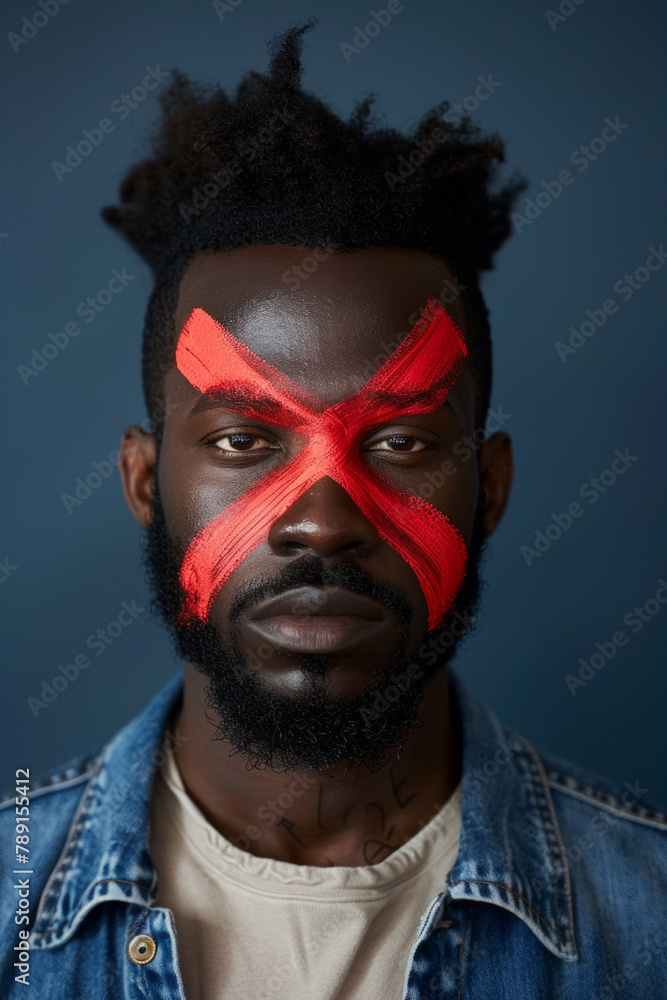 A man with a red cross painted on his face, a rejection A man with a red cross painted on his face, a rejection