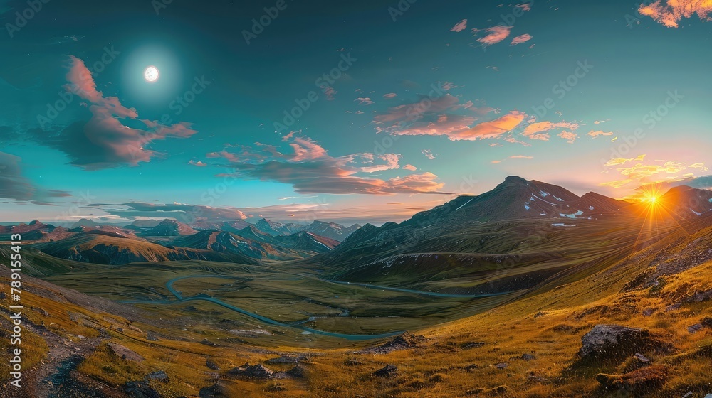 mountainous landscape with asphalt road winding through the valley with sun and moon on the sky. day and night time change concept. panorama of countryside scenery in morning light at summer solstice