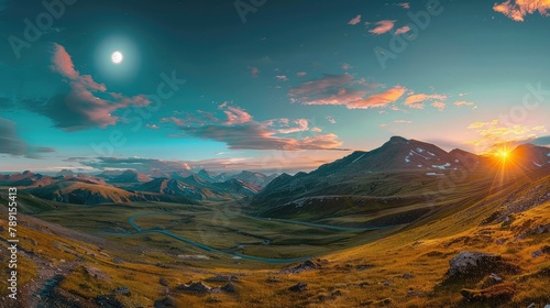 mountainous landscape with asphalt road winding through the valley with sun and moon on the sky. day and night time change concept. panorama of countryside scenery in morning light at summer solstice © Khalif
