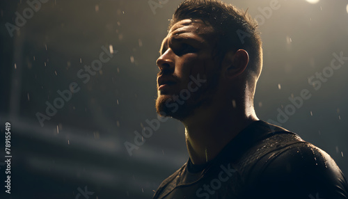 Rugby football player in action on dark arena background