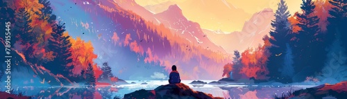A beautiful landscape painting of a lake in the mountains. The sky is a gradient of purple and pink, and the trees are a mix of greens, yellows, and oranges. A lone figure is sitting on a rock. photo