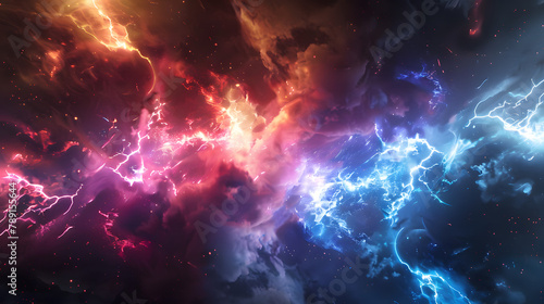 Two electric discharges of different colours meet in a galaxy. Hyperrealistic. photo
