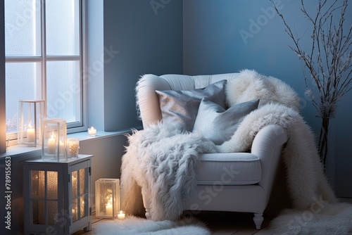 Soft Lighting and Icy Blue: Arctic Cozy Reading Corner with Furry Blankets
